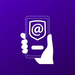 secure email, mail protection icon, smart phone in hand