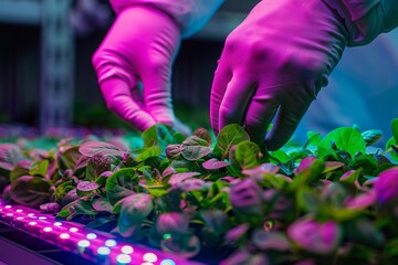 Close-up of gloved hands tending to green plants under LED lights in an indoor hydroponic farm, showcasing modern sustainable agriculture.