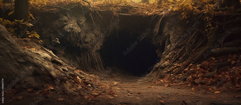 Poster A tree hollow sits in the path on a crisp autumn day with plenty of space for a captivating image. with copy space image. Place for adding text or design