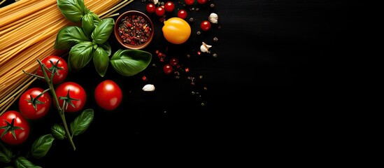 A bird s eye view of spaghetti pasta cherry tomatoes garlic cloves and basil leaves on a black background ready for you to add your own text or graphics. with copy space image