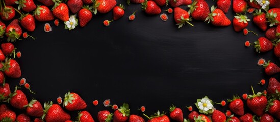 Top down view of a black background with a fruit frame consisting of succulent strawberries The center of the image offers ample free space for customization
