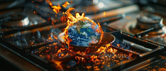 Conceptual image of a globe burning on a gas stove, symbolizing climate change, global warming, and environmental crisis.