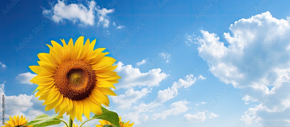 Aufkleber Blue sky with fluffy clouds forms an idyllic backdrop for a sunflower allowing room for text. with copy space image. Place for adding text or design