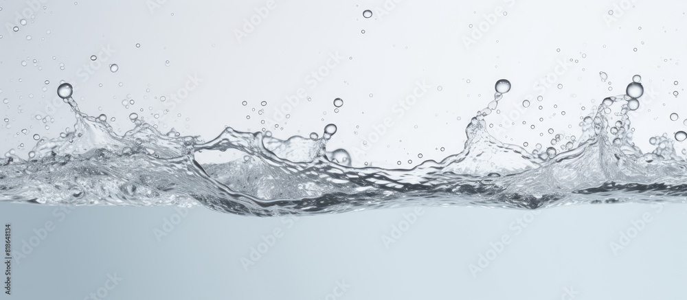 Poster Closeup of a light grey background with a splash of clear water and drops perfect for adding text. with copy space image. Place for adding text or design