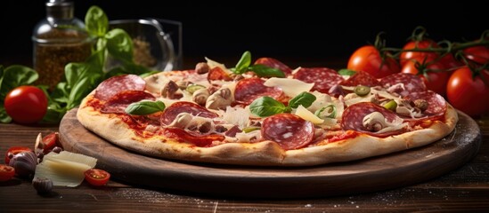 Italian cuisine concept featuring a vegetable salad with roasted meat cheese and a sliced whole salami pepperoni pizza served on a wooden table The dish is presented on a light wooden background with