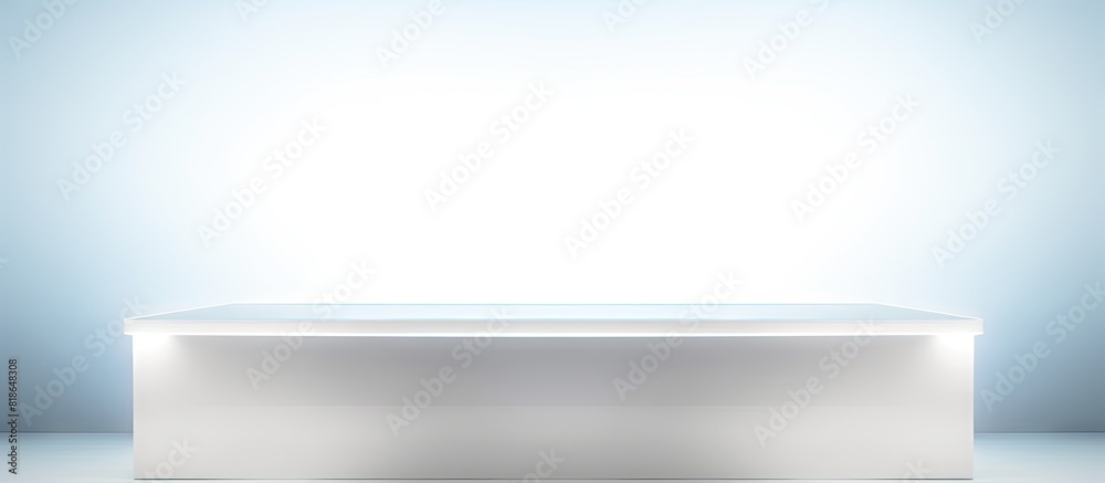 Fototapete A blank table with an empty abstract design serves as a bright illuminated white background for product display and placement. with copy space image. Place for adding text or design