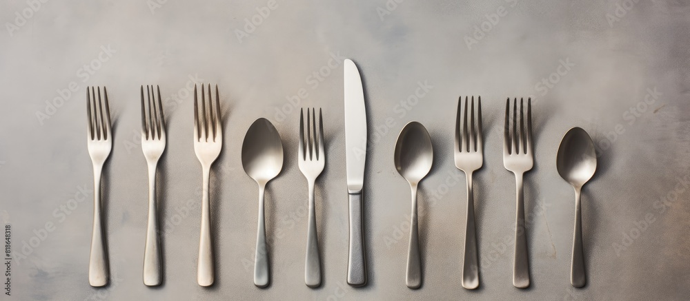 Poster A bundle of paper utensils set against a gray concrete background ready for use with ample copy space available for adding your own text