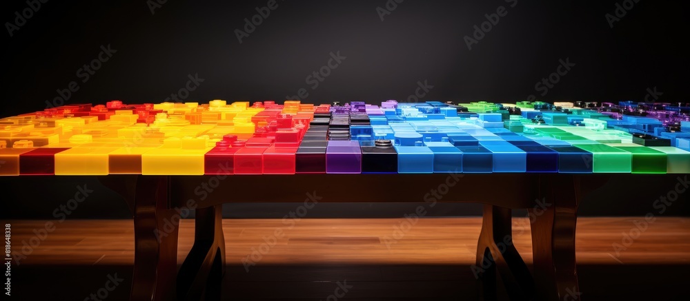 Aufkleber The table displays an assortment of multi colored plastic bricks offering an eye catching view with ample empty space for creative use copy space image