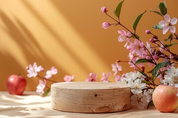 Wooden stand with spring blossoms and apples on a pastel background, emphasizing natural elegance and simple beauty.