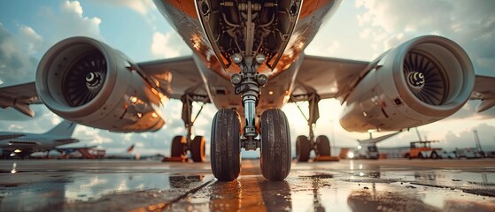 Low-angle view of an airplane on the tarmac, with landing gear and jet engines prominently featured at sunrise.