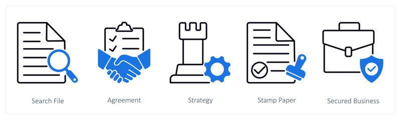 A set of 5 Business and Office icons as search file, agreement, strategy