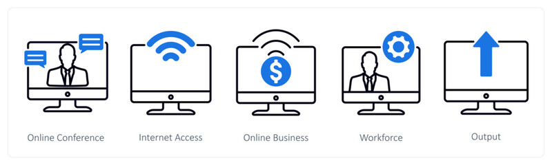 A set of 5 Business and Office icons as online conference, internet access, online business