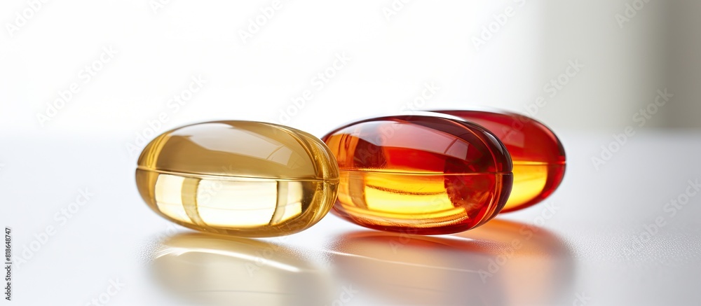 Aufkleber Close up high resolution copy space image of three Omega 3 capsules isolated on a white background surrounded by a multitude of other capsules on a blurred background This image conveys the concept o