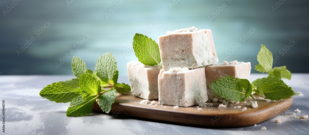 Aufkleber closeup copy space image of delicious halva pieces and fresh mint leaves arranged on a light blue wo