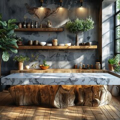 Elegant Gourmet Kitchen Countertop Display Backdrop with Shelving, Wood Platform, and Marble Worktop for Product Presentation or Recipe Demonstration. Clean, Minimal Culinary Stage.