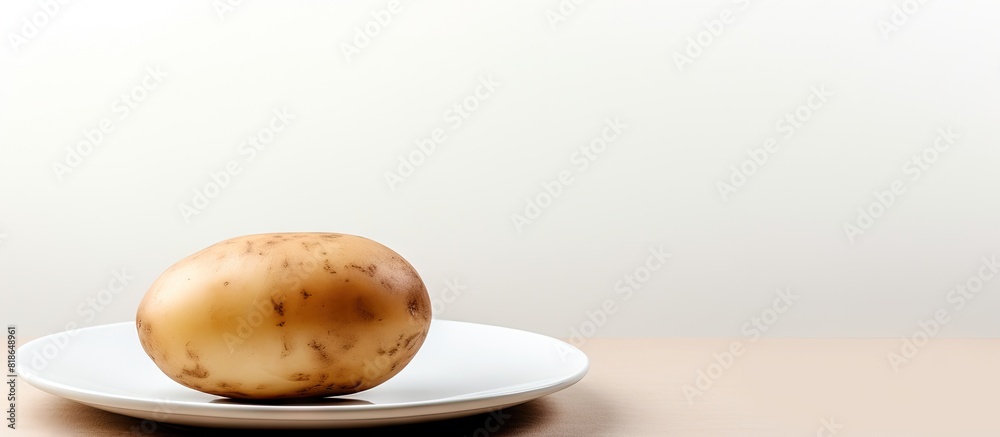 Poster A potato is boiled and placed on a plate The plate is white and the background is isolated There is empty space for writing texts. with copy space image. Place for adding text or design