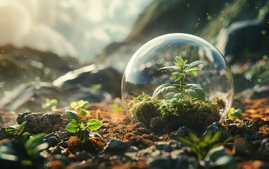 Sprouting plant in a spherical glass terrarium, surrounded by moss and vegetation on rocky terrain in a sunlit natural setting.