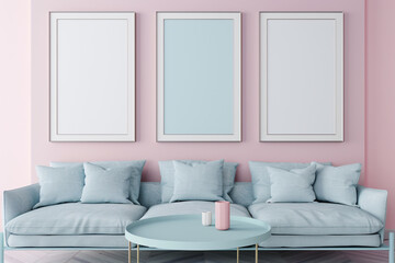 Three vertical frames, blush pink wall, soft blue sofa, minimalist table; ultra HD interior.