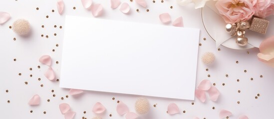 A feminine blog postcard with a beauty blogger s minimal women desk concept It features a flat lay of sparkles a blank paper card for copy space and a mock up template