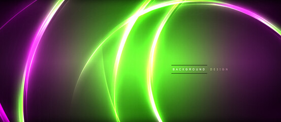 Neon glowing circle rays, light round lines in the dark, planet style neon wave lines. Energetic electric concept design for wallpaper, banner, background