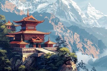 ancient buddhist monastery in himalayan mountains spiritual illustration
