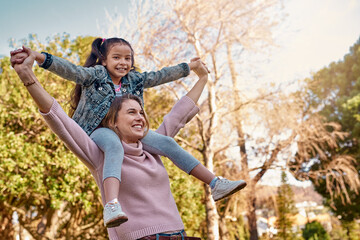 Portrait, child and mom in park for piggyback, playing and bonding together with smile. Happy...