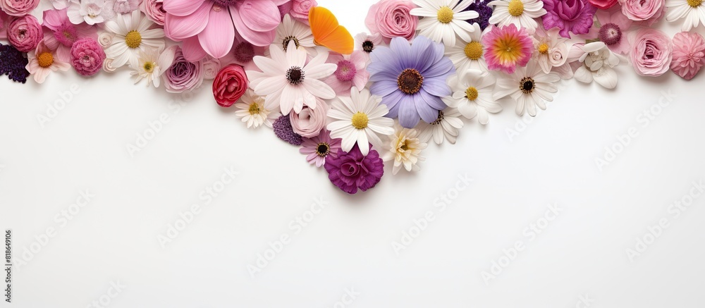 Aufkleber Valentine s Day copy space image with a top view flat lay of vibrant spring flowers on a light background