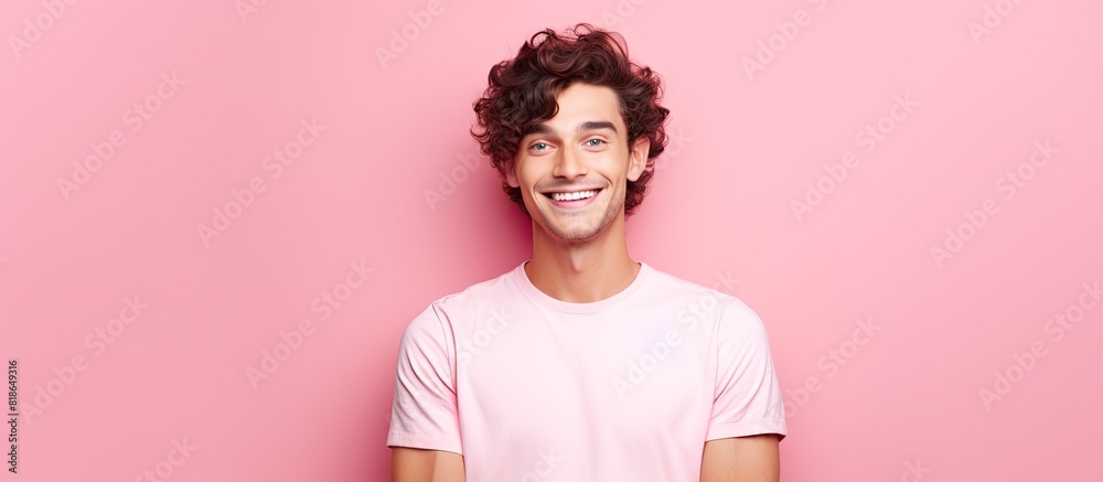 Poster Cheerful guy posing on a pink pastel background showing an empty copy space image