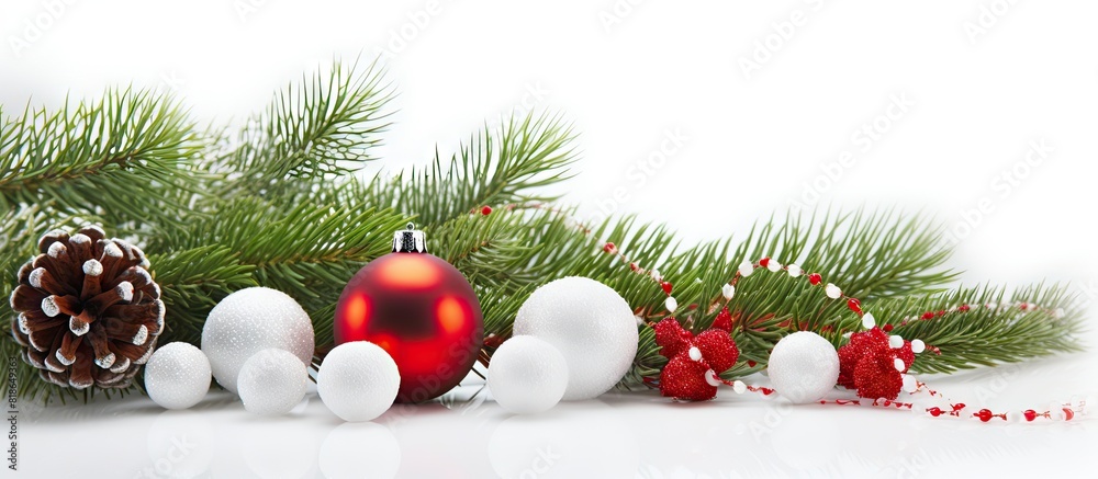 Poster a festive christmas card with fir branches candy and a christmas ball on a white background the imag