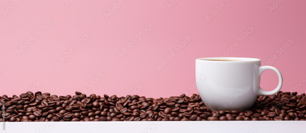 Poster coffee beans surround a large white paper cup in a mockup on a pink background providing ample copy 