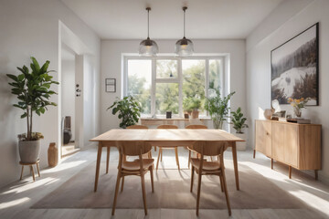 Modern Dining Room with Wooden Table. A simple dining room with a wooden table and chairs,  pendant lights