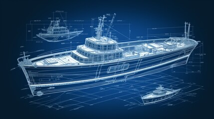 Technical blueprint of an boat on a blue background 