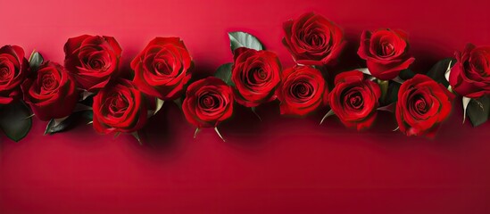A captivating flat lay image showcasing a vibrant array of red roses on a matching red backdrop with ample copy space