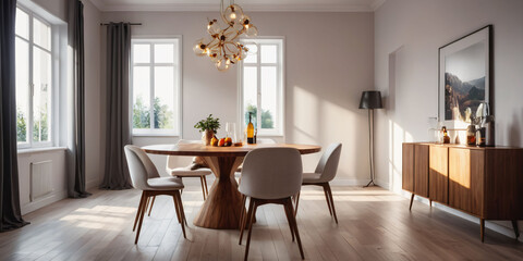Modern Dining Room with Wooden Table. A simple dining room with a wooden table and chairs,  pendant lights