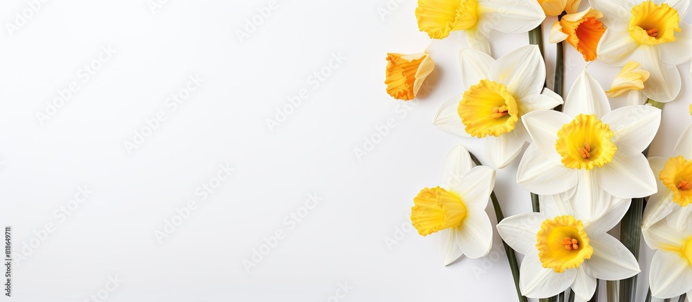 Poster A corner placed image of yellow and white artificial daffodils against a white backdrop creating a spring themed floral design with space for text. with copy space image