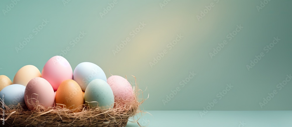 Aufkleber Pastel colored Easter eggs arranged in a woven basket against a colored background creating a festive holiday concept with ample copy space for customization in the image