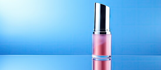 A lipstick tube is placed on a blue background providing ample space for text A close up view is displayed
