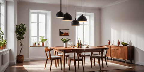 Modern Dining Room with Wooden Table. A simple dining room with a wooden table and chairs,  pendant lights