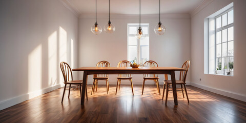 Modern Dining Room with Wooden Table. A simple dining room with a wooden table and chairs,  pendant lights