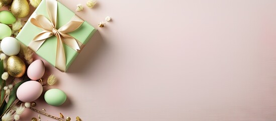 A minimal Easter gift idea a green paper package adorned with a pink ribbon and a cute Easter Bunny wrap The package contains a white and gold chocolate dragee along with colorful feathers The arrang
