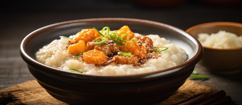 Chinese rice porridge made with homemade oats and dried scallops perfect for a comforting meal The copy space image showcases its warm and hearty texture