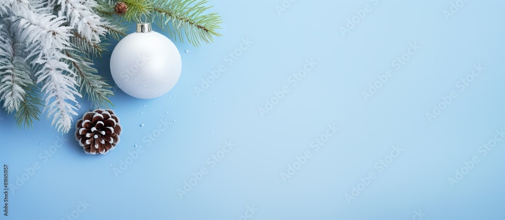 Fototapete Christmas composition with a snowy fir branch and white bauble on a pastel blue background The image is taken from above with room for text. with copy space image. Place for adding text or design