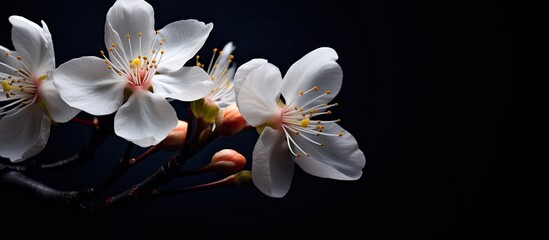 Fototapeta premium A beautiful copy space image of tung blossoms captured in a close up view against a dark background