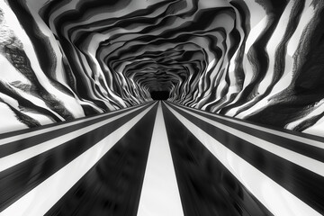 abstract tunnel in black and white glossy stripes
