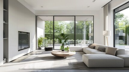 Fototapeta premium Modern living room interior features a large white sofa and panoramic windows that overlook a lush green garden to provide a bright professional atmosphere.