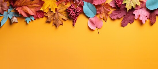 Top view of a flat lay composition featuring autumn leaves on a colorful background creating an aesthetic copy space image - Powered by Adobe