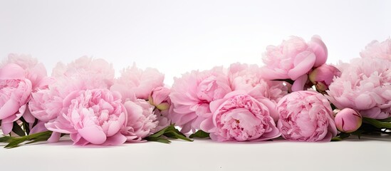 A copy space image featuring peonies positioned at the edge allowing room for text while sitting on a white background