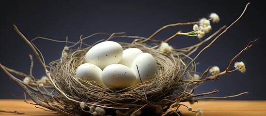A nest made of twigs holding white eggs with a background suitable for inserting images. with copy space image. Place for adding text or design