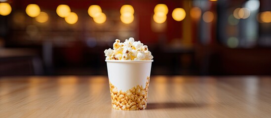 The caramel popcorn is displayed in a paper cup set against a backdrop of a Loft with a 35mm film placed horizontally next to it There is a copy space image available 128 characters