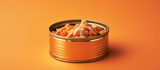 A close up image of canned tuna displayed on a vibrant orange background with ample copy space